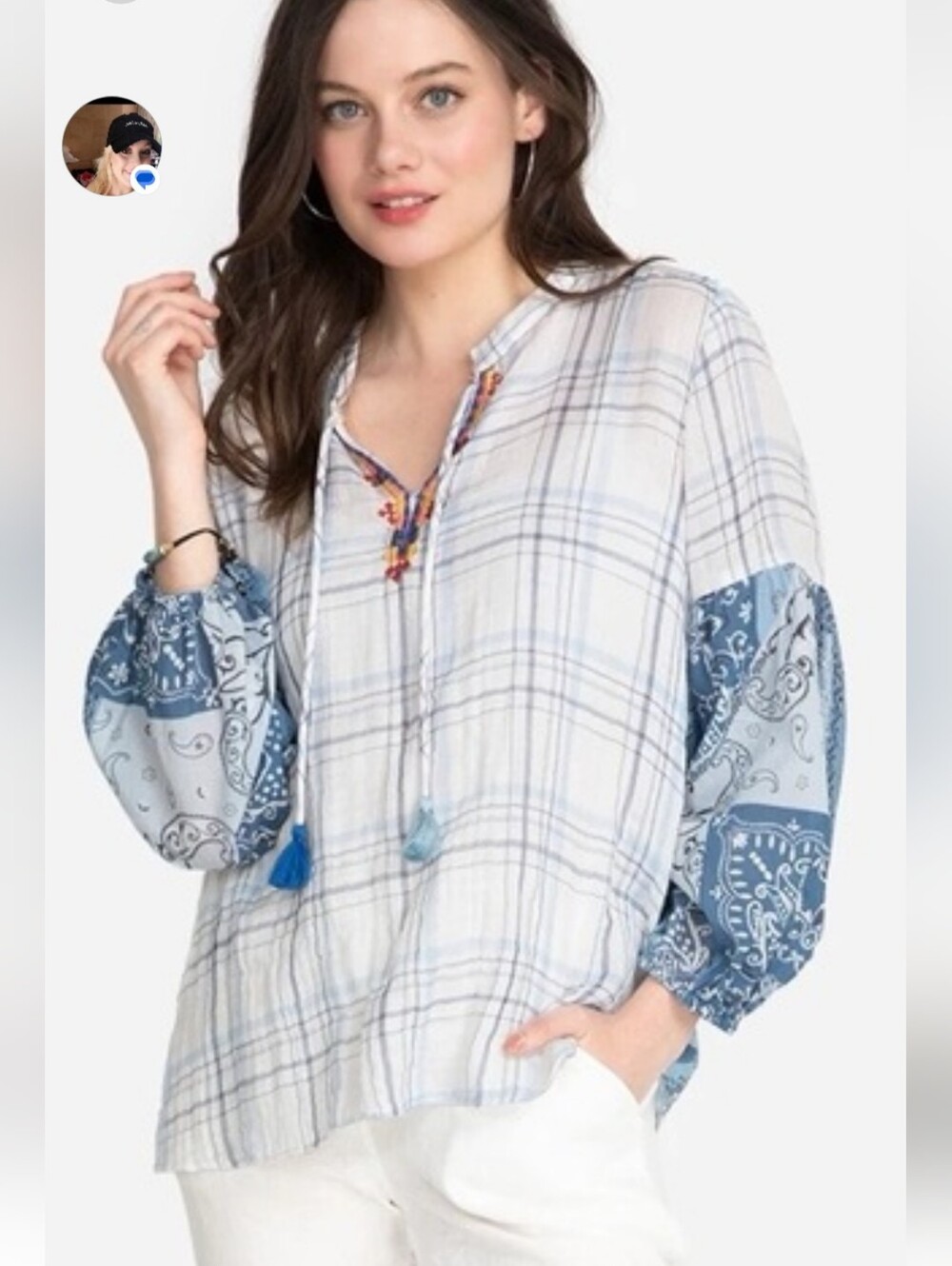 JOHNNY WAS Light Blue Plaid Peasant Top with Bandana Sleeve Detail